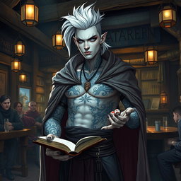 A full-body depiction of a Shadar-kai male, approximately 30 years old, standing in a lively tavern