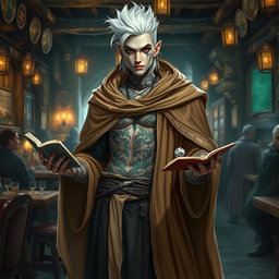 A full-body depiction of a Shadar-kai male, approximately 30 years old, standing in a lively tavern