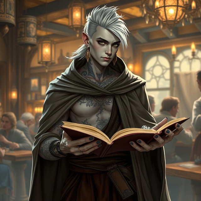 A full-body depiction of a Shadar-kai male, approximately 30 years old, standing in a lively tavern