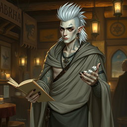 A full-body depiction of a Shadar-kai male, approximately 30 years old, standing in a lively tavern