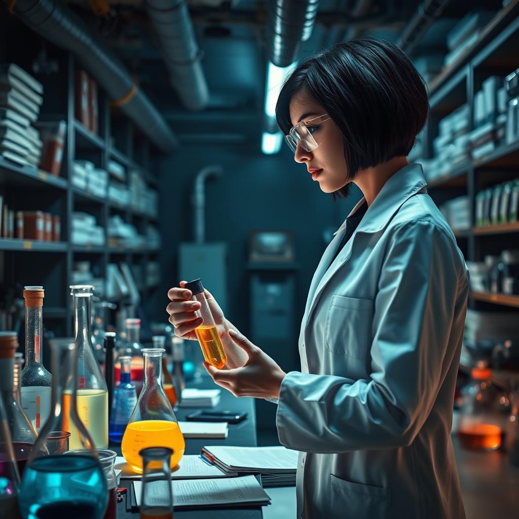 A female chemist with short black hair working in an underground laboratory, intensely researching testosterone compounds