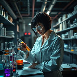 A female chemist with short black hair working in an underground laboratory, intensely researching testosterone compounds