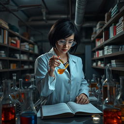 A female chemist with short black hair working in an underground laboratory, intensely researching testosterone compounds