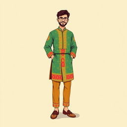 A full-body illustration of an Iranian seller in traditional attire