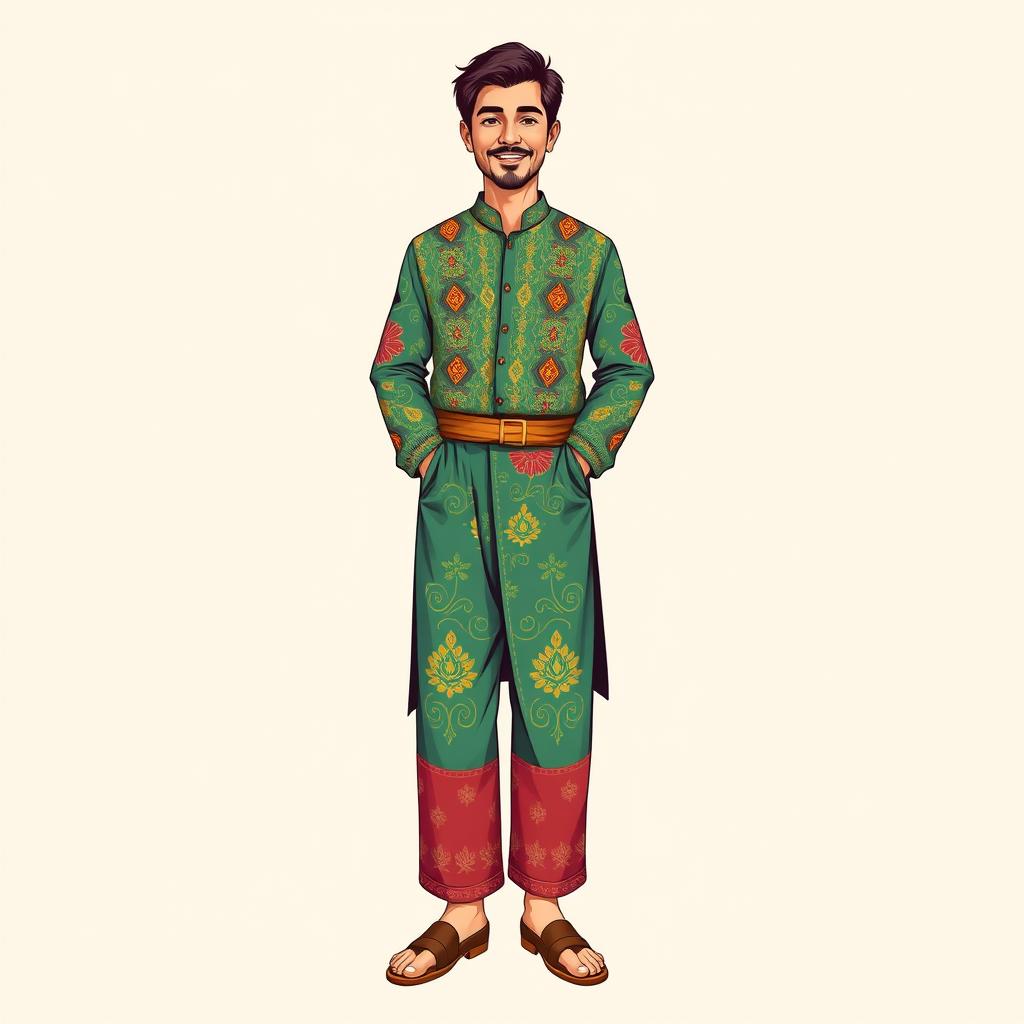 A full-body illustration of an Iranian seller in traditional attire