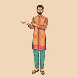 A full-body illustration of an Iranian seller in traditional attire