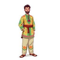A full-body illustration of an Iranian seller in traditional attire