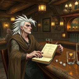 A Shadar-kai male, approximately 30 years old, sitting at the bar of a lively tavern, engaging in conversation with the bartender