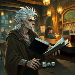 A Shadar-kai male, approximately 30 years old, sitting at the bar of a lively tavern, engaging in conversation with the bartender