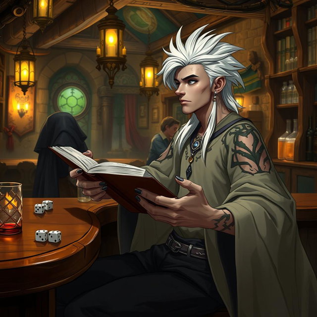 A Shadar-kai male, approximately 30 years old, sitting at the bar of a lively tavern, engaging in conversation with the bartender