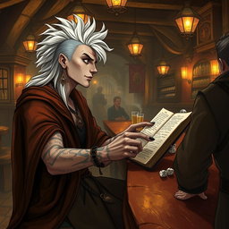 A Shadar-kai male, approximately 30 years old, sitting at the bar of a lively tavern, engaging in conversation with the bartender