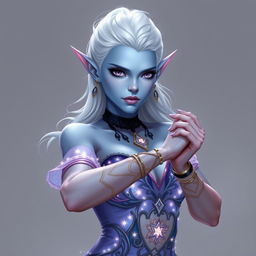 In the style of Dungeons and Dragons character art, a striking figure named Maeve stands out with light blue skin and elegant elven ears