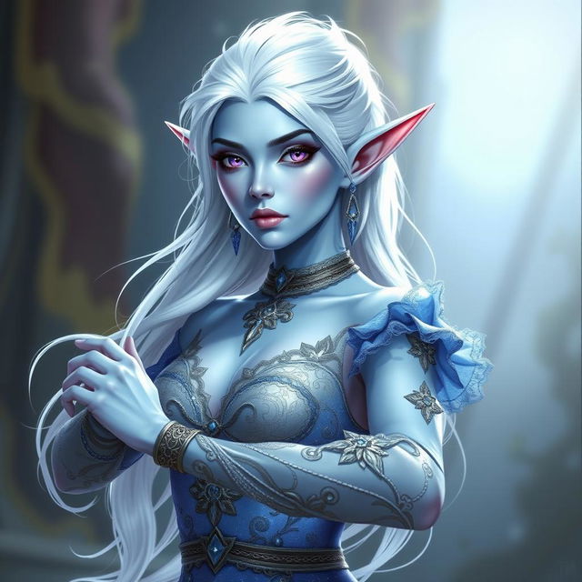 In the style of Dungeons and Dragons character art, a striking figure named Maeve stands out with light blue skin and elegant elven ears