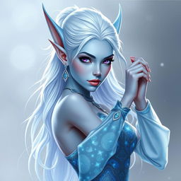 In the style of Dungeons and Dragons character art, a striking figure named Maeve stands out with light blue skin and elegant elven ears