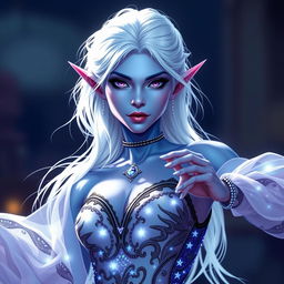 In the style of Dungeons and Dragons character art, a striking figure named Maeve stands out with light blue skin and elegant elven ears