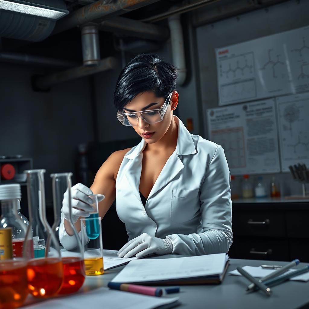 A strong Brazilian woman with short black hair, showcasing her muscular physique, working diligently in an underground chemistry laboratory