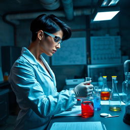 A strong Brazilian woman with short black hair, showcasing her muscular physique, working diligently in an underground chemistry laboratory