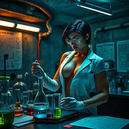 A strong Brazilian woman with short black hair, showcasing her muscular physique, working diligently in an underground chemistry laboratory