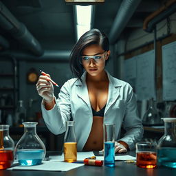 A strong Brazilian woman with short black hair, showcasing her muscular physique, working diligently in an underground chemistry laboratory