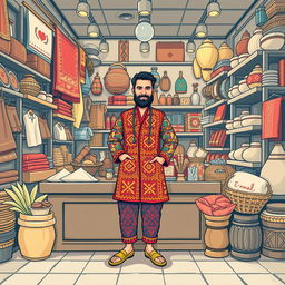 A full-body illustration of an Iranian seller in a bustling shop setting, showcasing a variety of traditional goods