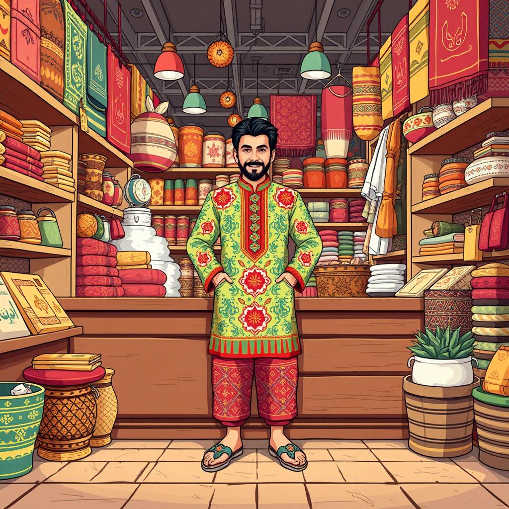 A full-body illustration of an Iranian seller in a bustling shop setting, showcasing a variety of traditional goods