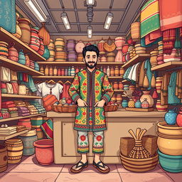 A full-body illustration of an Iranian seller in a bustling shop setting, showcasing a variety of traditional goods