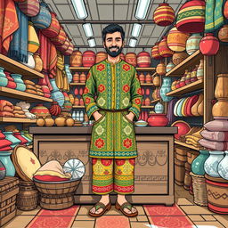 A full-body illustration of an Iranian seller in a bustling shop setting, showcasing a variety of traditional goods