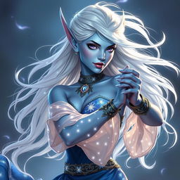In the style of Dungeons and Dragons character art, depict Maeve as a striking figure with light blue skin and elegant elven ears