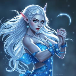 In the style of Dungeons and Dragons character art, depict Maeve as a striking figure with light blue skin and elegant elven ears