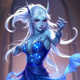 In the style of Dungeons and Dragons character art, depict Maeve as a striking figure with light blue skin and elegant elven ears
