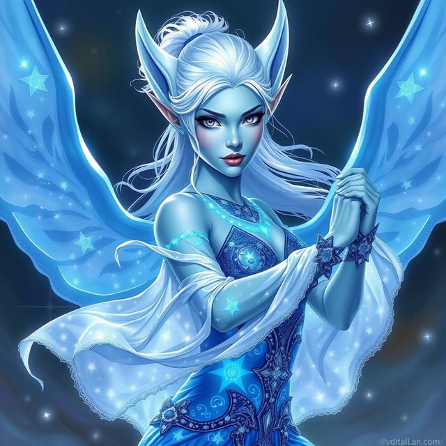 In the style of Dungeons and Dragons character art, depict Maeve as a striking figure with light blue skin and elegant elven ears