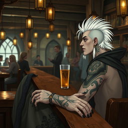 A Shadar-kai male, approximately 30 years old, sitting at the bar of a bustling tavern, engaged in conversation with the bartender