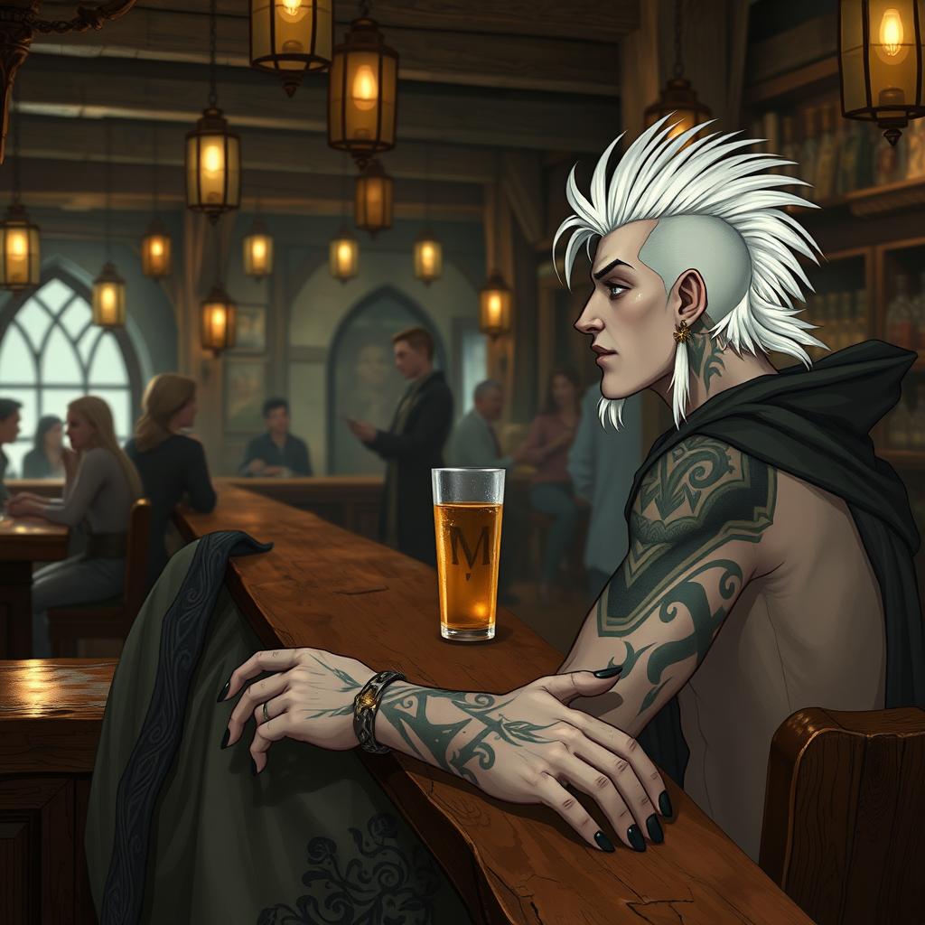 A Shadar-kai male, approximately 30 years old, sitting at the bar of a bustling tavern, engaged in conversation with the bartender