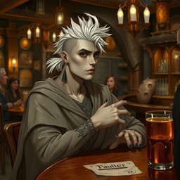 A Shadar-kai male, approximately 30 years old, sitting at the bar of a bustling tavern, engaged in conversation with the bartender