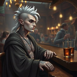 A Shadar-kai male, approximately 30 years old, sitting at the bar of a bustling tavern, engaged in conversation with the bartender