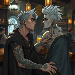 A Shadar-kai male, approximately 30 years old, sitting at the bar of a bustling tavern, engaged in conversation with the bartender