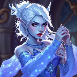 In the style of Dungeons and Dragons character art, portray Maeve as a striking figure with light blue skin and elegant elven ears