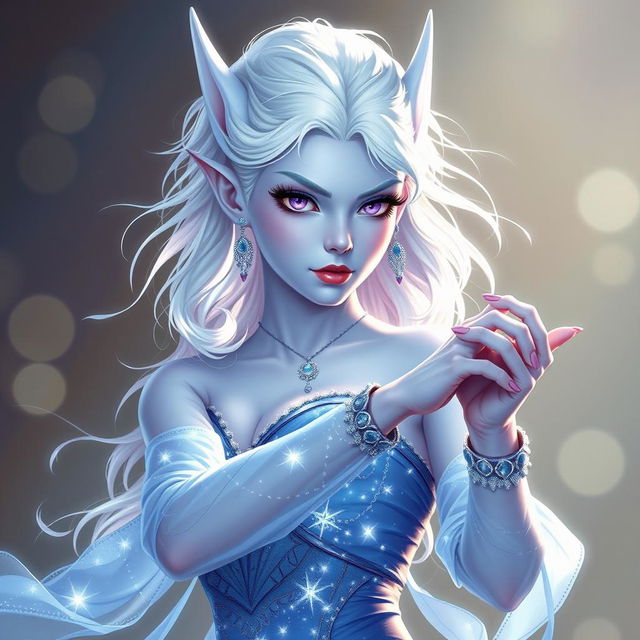 In the style of Dungeons and Dragons character art, portray Maeve as a striking figure with light blue skin and elegant elven ears