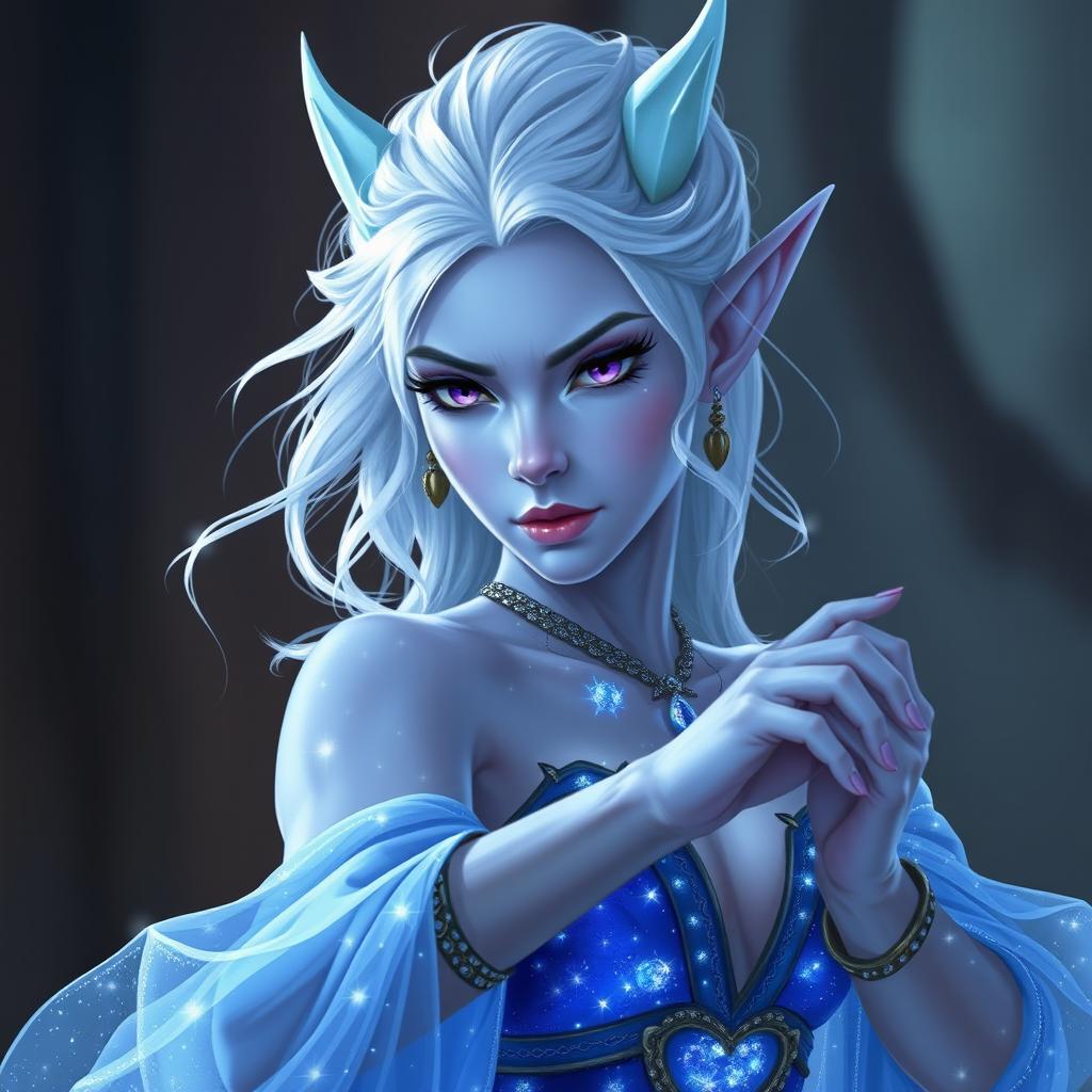 In the style of Dungeons and Dragons character art, portray Maeve as a striking figure with light blue skin and elegant elven ears