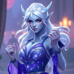 In the style of Dungeons and Dragons character art, portray Maeve as a striking figure with light blue skin and elegant elven ears