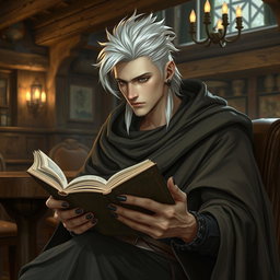 A Shadar-kai male, approximately 30 years old, seated in a cozy tavern, deeply engrossed in a book