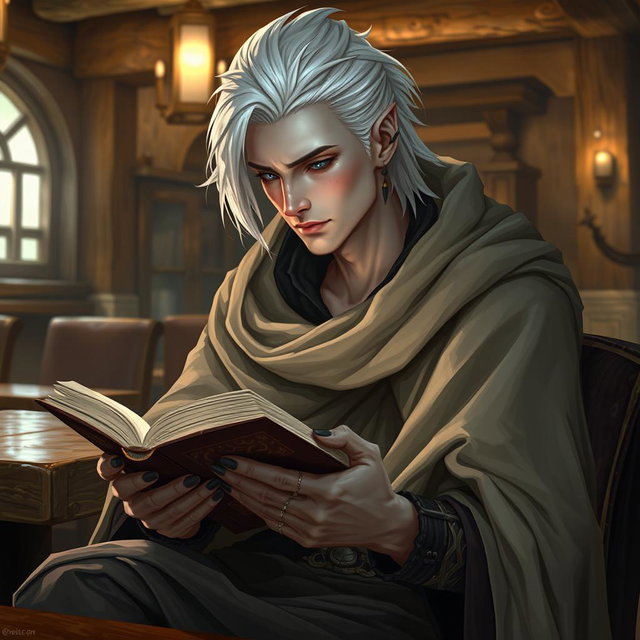 A Shadar-kai male, approximately 30 years old, seated in a cozy tavern, deeply engrossed in a book
