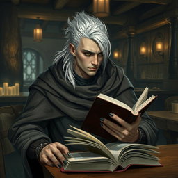 A Shadar-kai male, approximately 30 years old, seated in a cozy tavern, deeply engrossed in a book