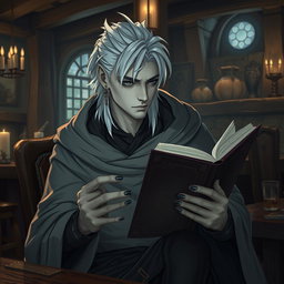 A Shadar-kai male, approximately 30 years old, seated in a cozy tavern, deeply engrossed in a book