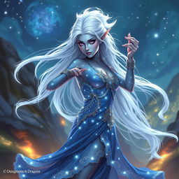 In the style of Dungeons & Dragons character art, Maeve is a striking figure with light blue skin, elongated elven ears, and flowing white hair that appears to float around her