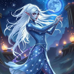 In the style of Dungeons & Dragons character art, Maeve is a striking figure with light blue skin, elongated elven ears, and flowing white hair that appears to float around her