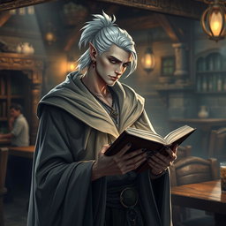 A Shadar-kai male, approximately 30 years old, standing in a cozy tavern, deeply focused on reading a book