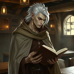 A Shadar-kai male, approximately 30 years old, standing in a cozy tavern, deeply focused on reading a book