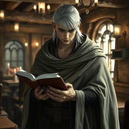 A Shadar-kai male, approximately 30 years old, standing in a cozy tavern, deeply focused on reading a book