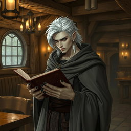 A Shadar-kai male, approximately 30 years old, standing in a cozy tavern, deeply focused on reading a book
